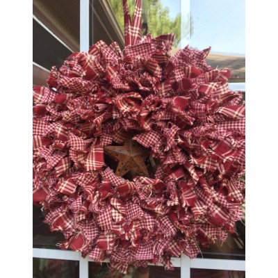 HANDMADE 14" PLAID 4 LAYER RAG WREATH WITH METAL STAR - COUNTRY RUSTIC PRIMITIVE   173427156337